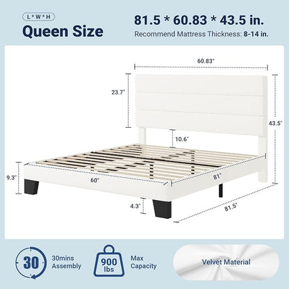 Allewie Queen Size Platform Bed Frame with Velvet Upholstered Headboard | Wooden Slats Support, Fully Upholstered Mattress Foundation, No Box Spring Needed, Easy Assembly, Noise-Free, White