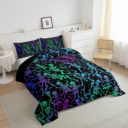 Erosebridal Sugar Skull Comforter Set Halloween Bedding Set King Size Green Blue Purple Ombre Down Comforter for Kids Boys Girls Skeleton Bones Quilted Duvet Warm Soft Horror Theme Bedroom Decor 3Pcs
