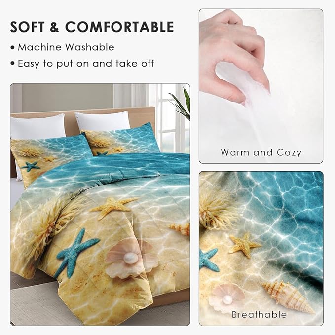 Queen Size Comforter Set with 2 Pillowcases, Summer Marine Seashell Starfish Beach Ocean Soft 3 Pcs Bedding for Kids and Adults Bedroom Bed Decor