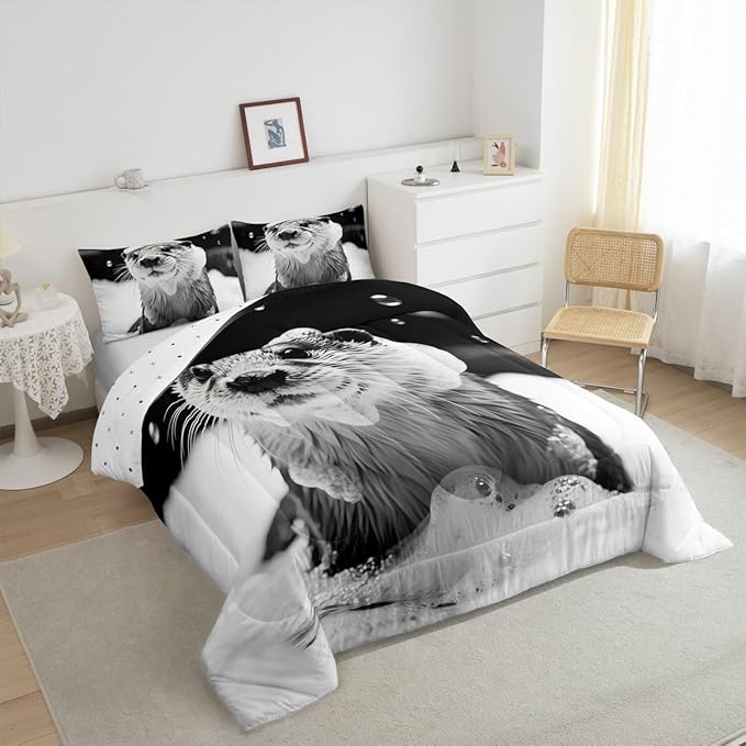 Erosebridal Marine Animal Comforter Set Toddler Size Sea Otter Bedding Set for Kids Boys Girls Kawaii Shower Bubbles White Beige Black Comforter Warm Soft Quilt Insert