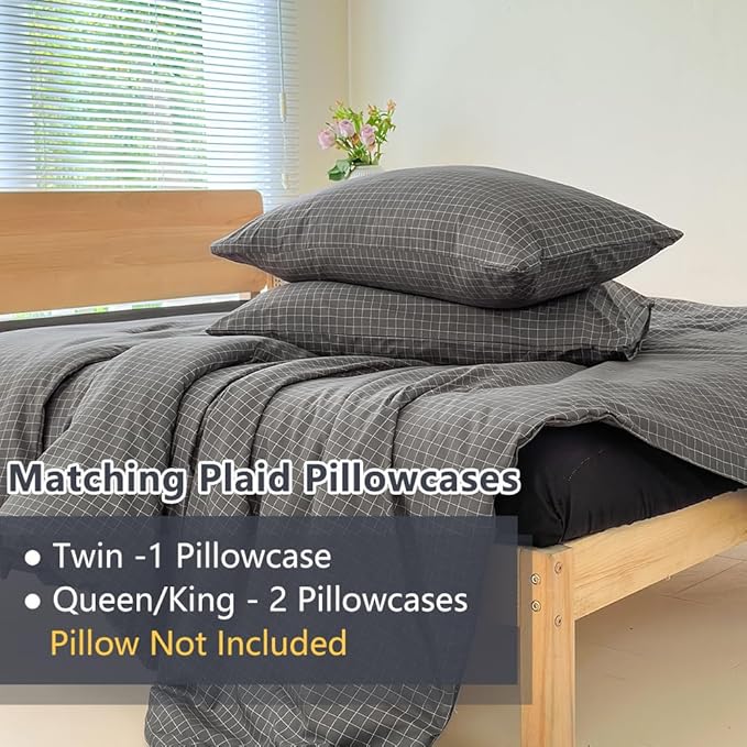 NSNLGSGC Twin Comforter Set, Dark Gray Plaid Bedding Sets, Charcoal Grid Bed Comforter 2 Pieces (1 Comforter, 1 Pillowcase)
