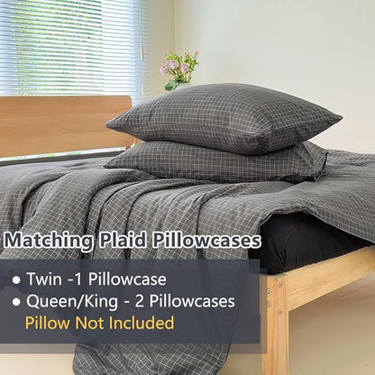 NSNLGSGC Queen Comforter Set, Dark Gray Plaid Bedding Comforter Sets, Charcoal Grid Bed Comforter 3 Pieces (1 Comforter, 2 Pillowcases)