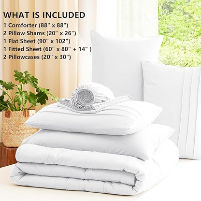CozyLux Queen Comforter Set White, 7 Pieces Soft Pinch Pleat Bed in a Bag Queen Comforter Set with Sheets, Boho Bed Set with Down Alternative Comforter, Sheets, Pillowcases & Shams