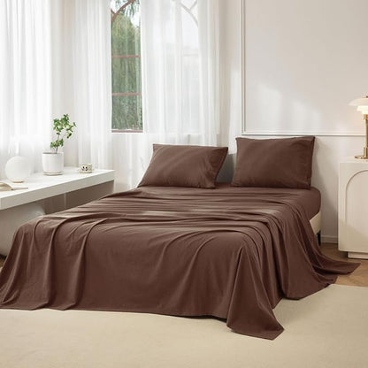 JIYUAN King Size Sheet Set, 4-Piece - 100% Washed Cotton, Linen-Like Soft & Breathable, Includes Deep Pocket Fitted & Flat Sheet with 2 Pillowcases, Hotel Quality, Solid Chocolate Brown