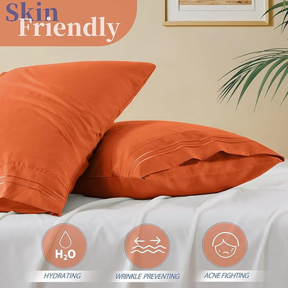 Vonty 2 Pack Queen Pillow Cases - 20x30 Inch, 1800 Thread Count Microfiber Pillowcases Queen Size Burnt Orange Pillow Cases Luxury & Soft Embroidered Bed Pillow Covers with Envelope Closure