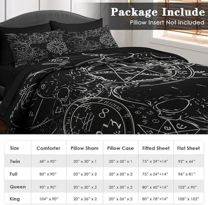Comforter Set Full Size, Pentagram Retro 7 Pcs Bedding for Kids and Adults, Halloween Vintage Bed Sheet Sets with Fitted Sheet 2 Pillowcases & 2 Shams for Bedroom Bed Decor
