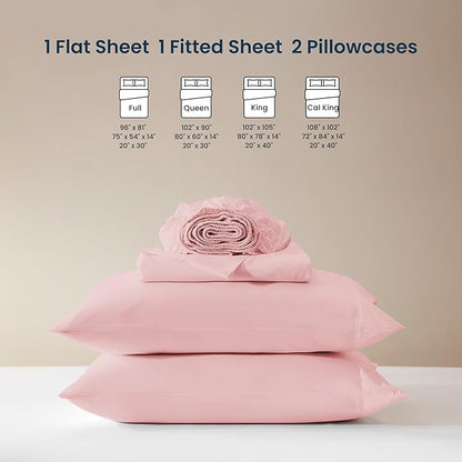SLEEP ZONE Nanotex Super Soft Cooling King Bed Sheets Set 4 Piece - Easy Care Fitted Flat Sheet & Pillowcase Sets - Wrinkle Free, Fade Resistant, Deep Pocket 16" (Ballet Pink, King)
