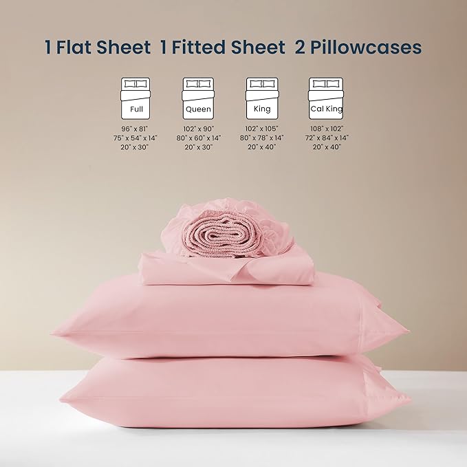 SLEEP ZONE Nanotex Super Soft Cooling Full Size Bed Sheets Set 4 Piece - Easy Care Fitted Flat Sheet & Pillowcase Sets - Wrinkle Free, Fade Resistant, Deep Pocket 16" (Ballet Pink, Full)