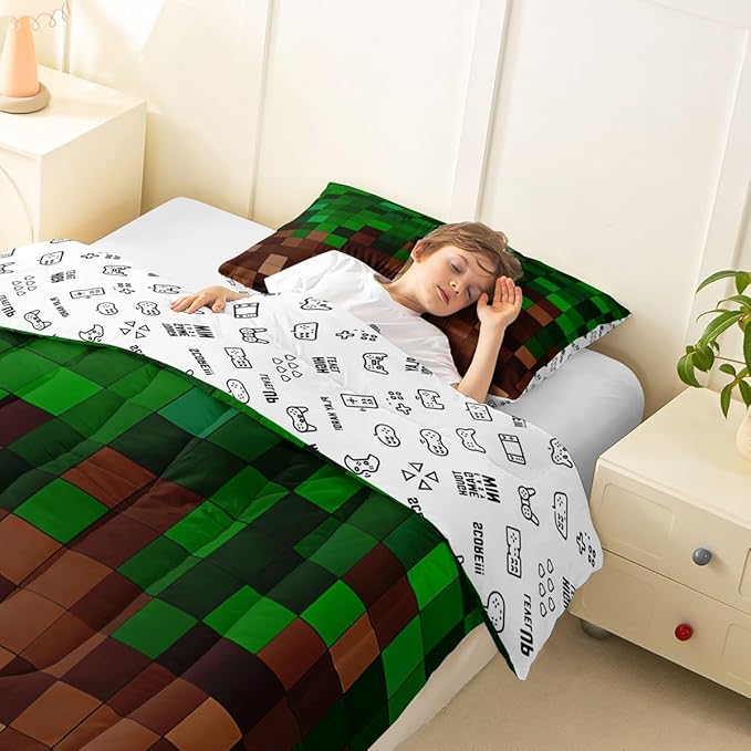 Manfei Pixelated Girls Bedding Set Twin Size,Patchwork Grid Video Games Comforter Set,Miners Lattice Simple Quilt Comforter Girls Boys Teens,Dark Green Brown Room Decor All Season,1 Pillowcase