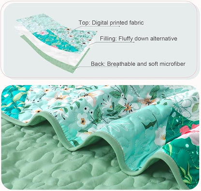 Whale Flotilla Patchwork Quilts Queen Size, Extra Soft Boho Floral Bedspreads for Bed Reversible Lightweight Full Queen Quilt Bedding Set Printed Coverlets with 2 Pillow Shams for All Seasons, Green