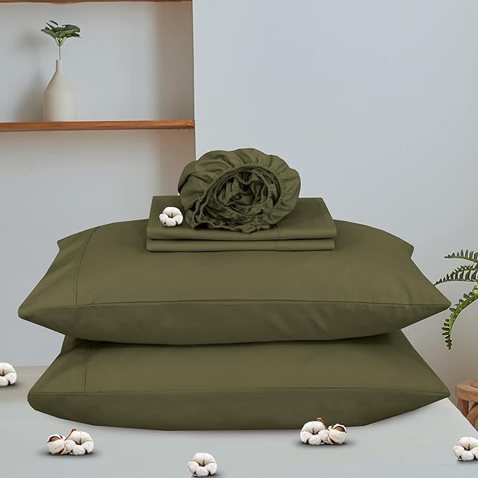 RUVANTI 100% Organic Cotton Sheets California King, Percale Weave, GOTS Certified, 4-Piece Set, Deep Pocket 13", Crisp & Breathable, Soft Durable Bedding, Sábanas Algodón Orgánico – Olive
