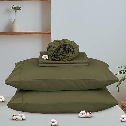 RUVANTI 100% Organic Cotton Sheets Full Size, Percale Weave, GOTS Certified, 4-Piece Set, Deep Pocket 15", Crisp & Breathable, Soft Durable Bedding, Sábanas Algodón Orgánico – Olive
