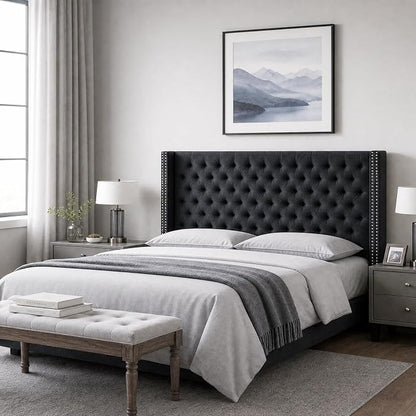 Madison Park King Wingback Upholstered Tufted Headboard, Featuring High-Density Sponge Padding, Adjustable Height Headboard, Easy Assembly, Black Velvet