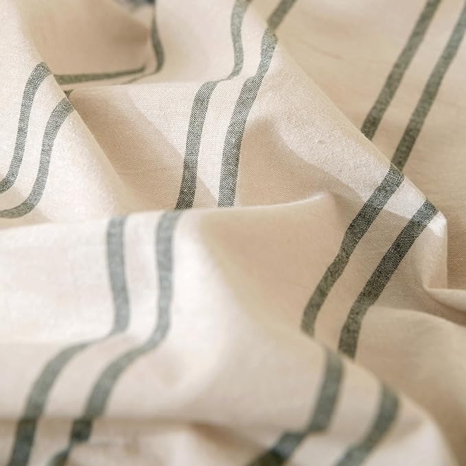 VM VOUGEMARKET Striped Duvet Cover Set Queen Beige 100% Washed Cotton Bedding Set,Grey Green Vertical Ticking Stripes Pattern Comforter Cover with Zipper Closure (3pcs, Queen Size)