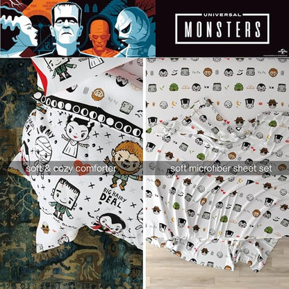 Universal Little Monsters Halloween 5 Piece Twin Bedding Set - Super Soft Cozy Reversible Comforter and Sheet Set with Sham, (Officially Licensed Product) by Franco