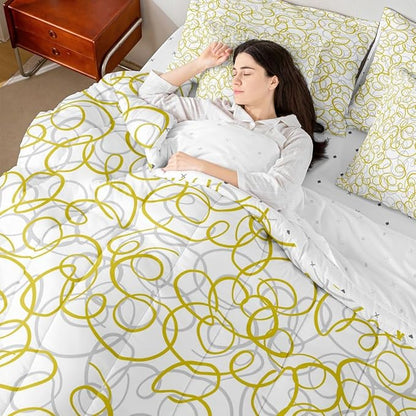 Erosebridal Geometric 7 Piece Comforter Set King Bed in A Bag Yellow White Abstract Lines Bedding Set for Boys Girls Bedroom Modern Abstract Texture Quilt Contemporary Swirls Aesthetic Sheet Set