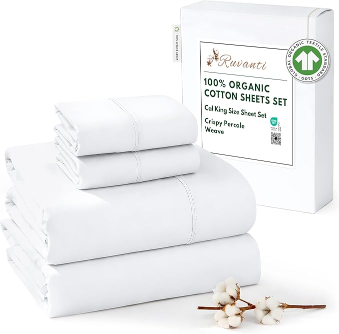 RUVANTI 100% Organic Cotton Sheets California King, Percale Weave, GOTS Certified, 4-Piece Set, Deep Pocket 13", Crisp & Breathable, Soft Durable Bedding, Sábanas Algodón Orgánico – Bright White