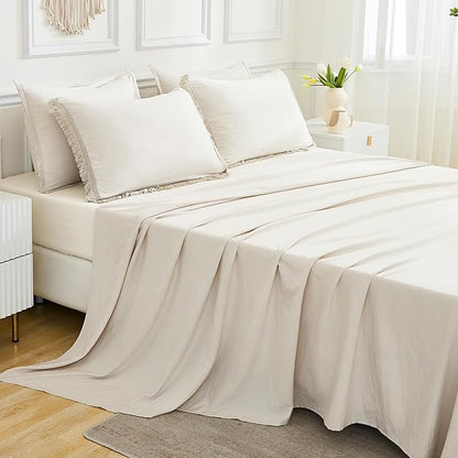 Andency Beige California King Size Comforter Set with Sheets - 7 Pieces Boho Tassel Bed in a Bag Soft Lightweight Bedding Sets, Fringe Bed Set with Comforter, Sheets, Pillowcases & Shams