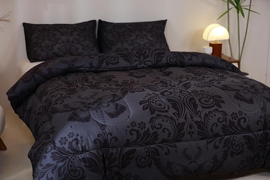 Feelyou Adults Gothic Comforter Set Full Size Dark Olive Green Damask Comforter Death Moth Bohemia Boho Bedding Set Goth Skull Duvet Set Vintage Victorian Baroque Floral Quilt Set 3Pcs