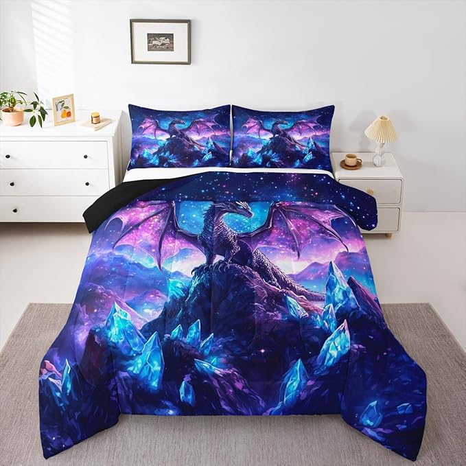 Castle Fairy Dragon Comforter Set King Size,Wild Animals Down Alternative Adults Bedroom Decor,Iceberg Starry Sky Purple Ultra Soft Microfiber Inner Fill 3 Pcs Bedding