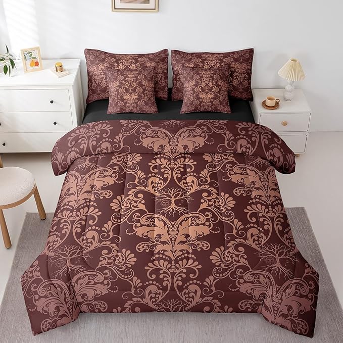 Erosebridal Gothic Damask Bed in a Bag King Size Comforter Set 7 Pieces,Sun Moon Tree of Life Bedding Sets Brown Victorian Floral Goth Sheet Set with Comforter