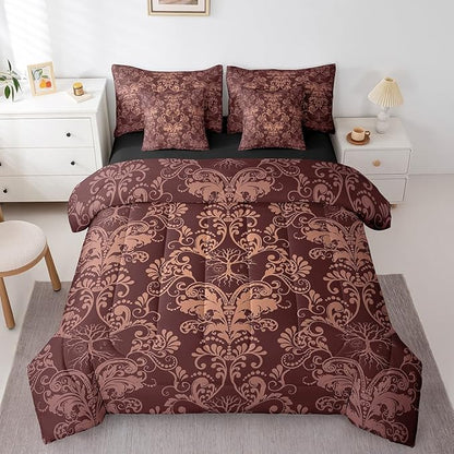 Erosebridal Gothic Damask Bed in a Bag Queen Comforter Set 7 Piece,Sun Moon Tree of Life Bedding Sets Brown Victorian Floral Goth Sheet Set with Comforter