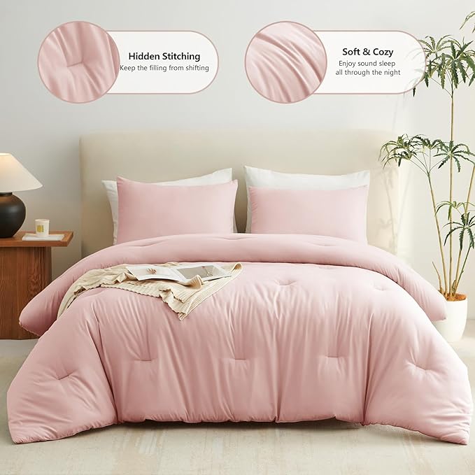 CozyLux Twin/Twin XL Comforter Set Blush Pink, 2 Pieces Twin Extra Long Solid Breathable Bedding Sets for College Dorm, Luxury Soft Bed Set with Down Alternative Comforter and 1 Pillowcase All Seasons