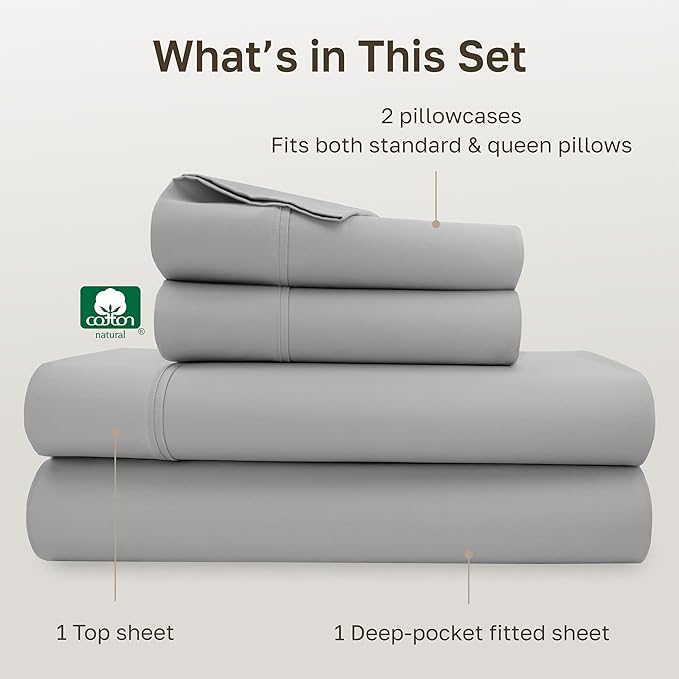 California Design Den Queen Sheets Set - Soft 400 Thread Count Sateen, Natural 100% Cotton Sheets, Deep Pockets with All Around Elastic for a Snug Fit, Durable Bedding Set - Light Grey