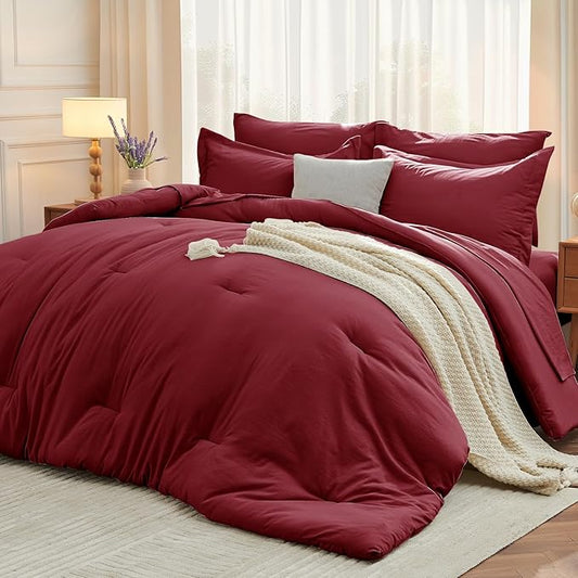 MUXHOMO 5 Pieces Twin Comforter Set, Soft Bed in a Bag Twin Size, All Season Bedding Set with Comforter, Flat Sheet, Fitted Sheet, Pillowcases & Shams, Burgundy Red