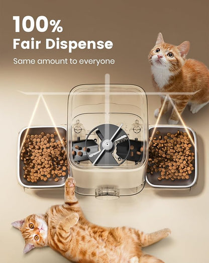 oneisall Automatic Cat Feeder for 2 Cats Pets, 20 Cups/5L | Prevent Fighting, Precise Portions, Balanced Dispensing, Large Kibble Support, Non-Slip & Stable, Stainless Steel Bowls