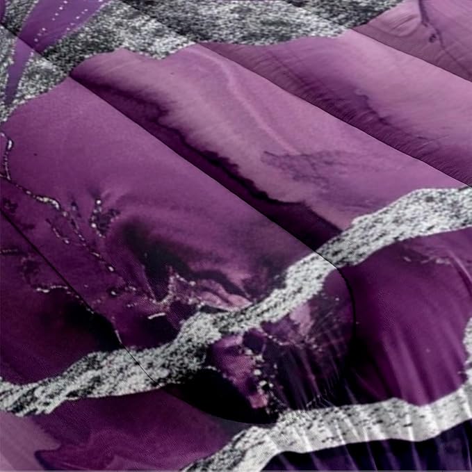 Purple Marble Comforter Set Queen Size, Abstract Black Purple Bedding Set with Silver Lines - 3Pcs Soft Lightweight Quilted Comforter for All Seasons,90"x90" | Aesthetic Pattern, Abstract Design, Soft Lightweight, All Seasons, Girls Women Adult