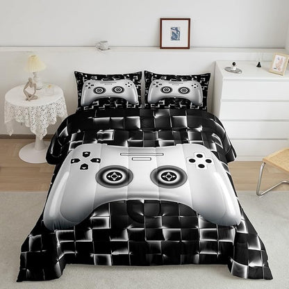 Erosebridal Kids Gaming Bedding Sets for Boys King Black White Gamer Comforter Set Geometric Checkered Game Console Bedding Set for Teen Youth Men 3D Video Game Gamepad Quilt Duvet 3 Piece