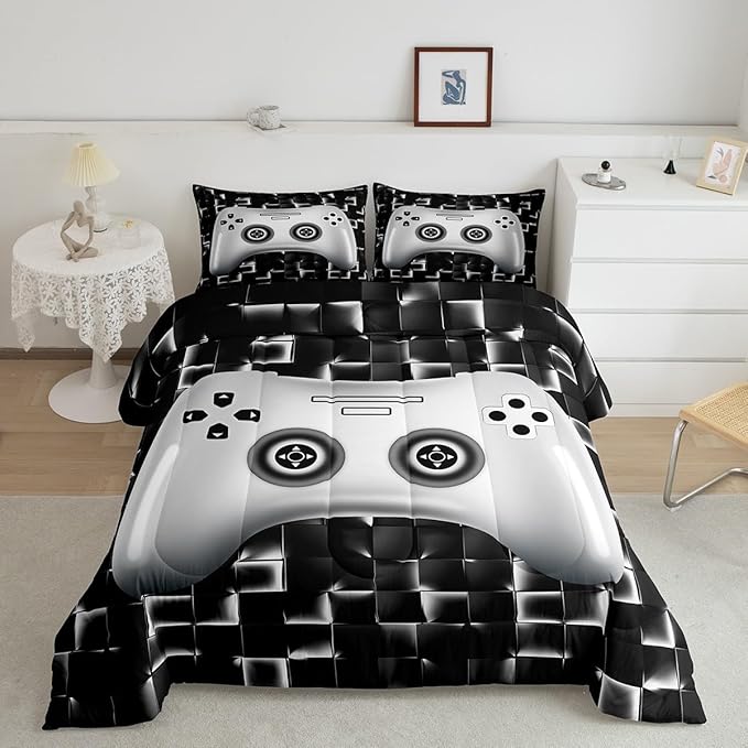 Erosebridal Kids Gaming Bedding Sets for Boys Queen Black White Gamer Comforter Set Geometric Checkered Game Console Bedding Set for Teen Youth Men 3D Video Game Gamepad Quilt Duvet 3 Piece