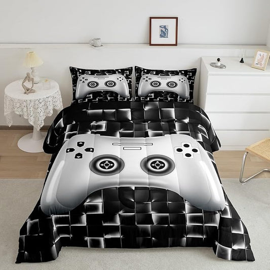 Erosebridal Kids Gaming Bedding Sets for Boys Queen Black White Gamer Comforter Set Geometric Checkered Game Console Bedding Set for Teen Youth Men 3D Video Game Gamepad Quilt Duvet 3 Piece