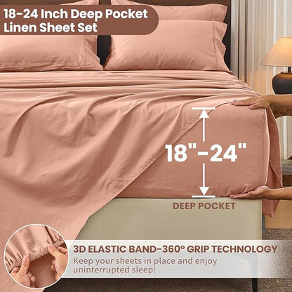 Bedlifes 100% French Flax Linen Sheets Set Queen Size - 6 Piece Extra Deep Pocket 18-24",Soft Breathable Queen Bed Sheets with Temperature Regulating & Moisture-Wicking(Blush Pink