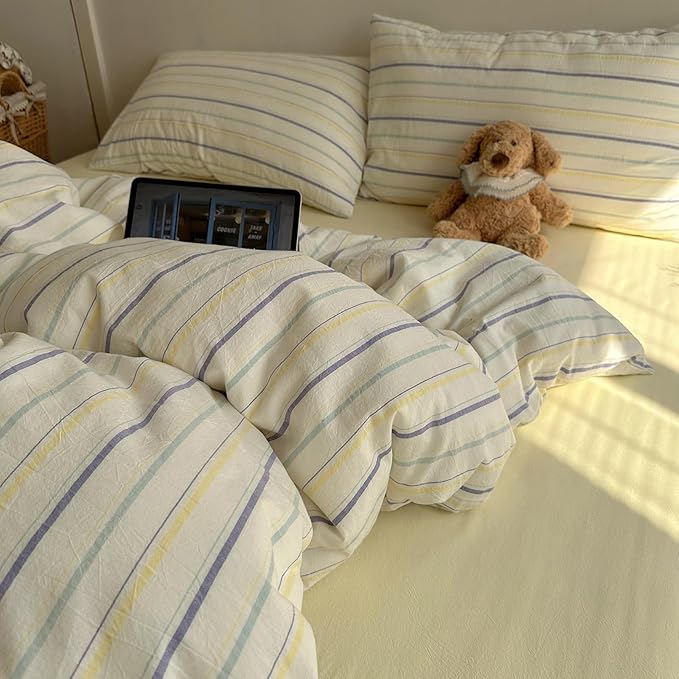 EAVD Retro Striped Duvet Cover Set Twin Size 100% Cotton Chic Stripes Printed Bedding Set with 2 Pillowcases Vintage Geometric Pattern Duvet Cover with Zipper Closure(Yellow&Purple&Blue, Twin)