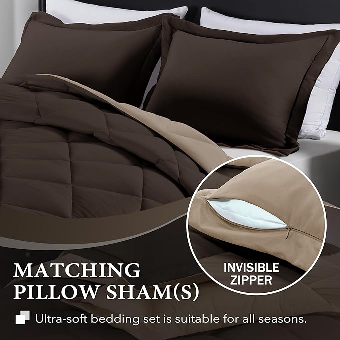 downluxe King Size Comforter Set - Brown and Tan King Comforter, Soft Bedding Sets for All Seasons -3 Pieces - 1 Comforter (104"x92") and 2 Pillow Shams(20"x36")