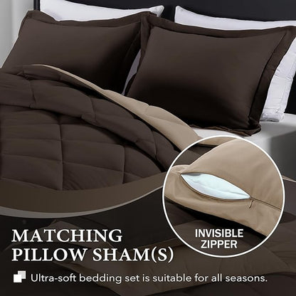 downluxe Queen Comforter Set - Brown and Tan Queen Comforter, Soft Bedding Sets for All Seasons -3 Pieces - 1 Comforter (88"x92") and 2 Pillow Shams(20"x26")