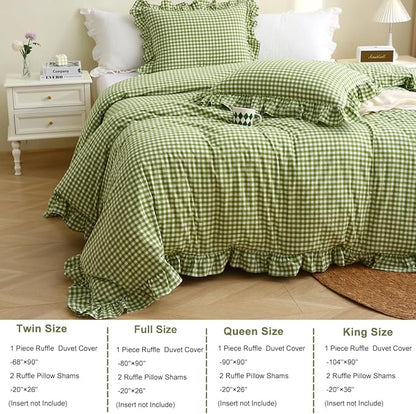 Olive Green/White Checkered Ruffle 3-Piece Duvet Cover Set Twin Size,Washed Cotton Shabby Gingham Plaid Bedding Set Farmhouse Comforter Set(Twin,Olive Green)