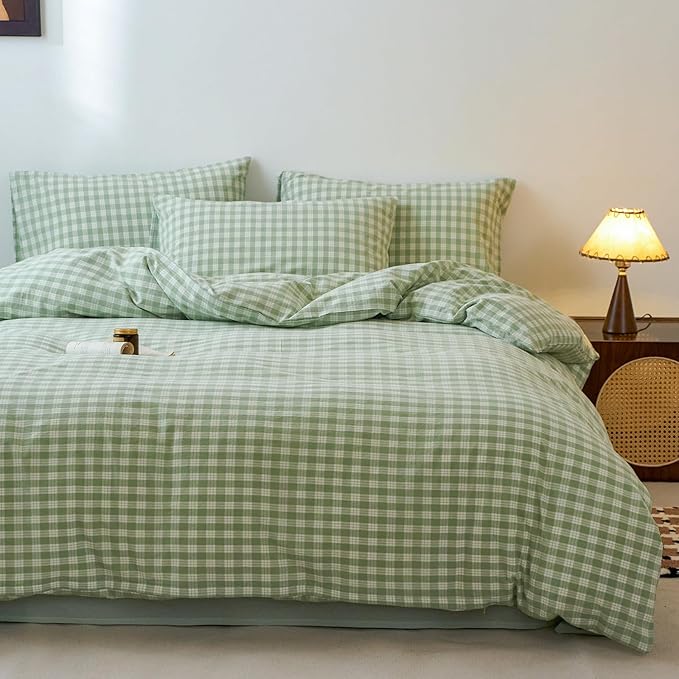 Green Plaid Gingham Duvet Cover King 3 Pieces Checkered Grid Duvet Cover 100% Washed Cotton Minimalism Comforter Cover with Zipper Closure 2 Pillowcases Luxury Soft Breathable Bedding Set