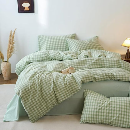 Green Gingham Queen Duvet Covers Washed Cotton Boho Comforter Covers Queen Size Soft Cute Farmhouse Plaid Duvet Cover Set with Hidden Zipper Chic Teen Bedding Set Checkered Duvet Protector