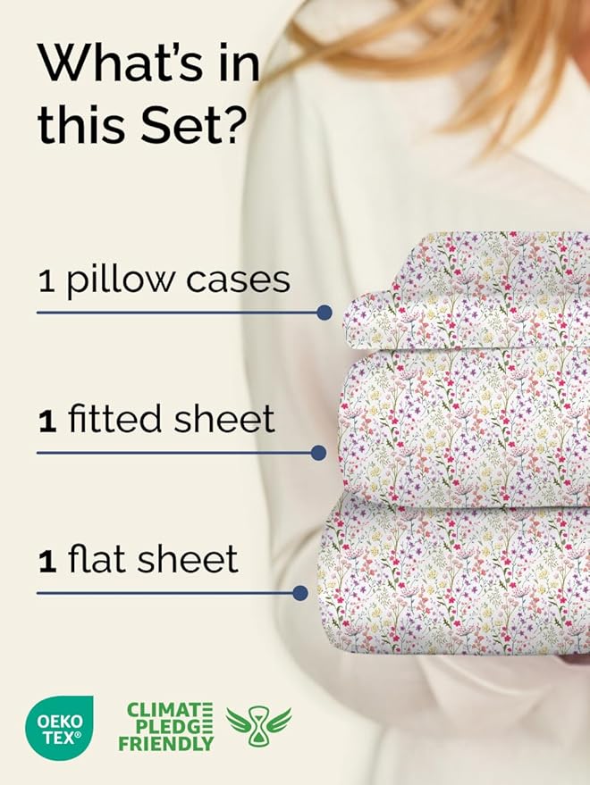 Floral Sheets - Flower Print Bed Sheet Set - 1 Flat, 1 Fitted & 1 Pillowcase w/ Deep Pockets - Comfy, Cozy, Wrinkle & Fade Free - Boho Botanical Bedding - Soft, Breathable & Cooling - Twin XL Size Set