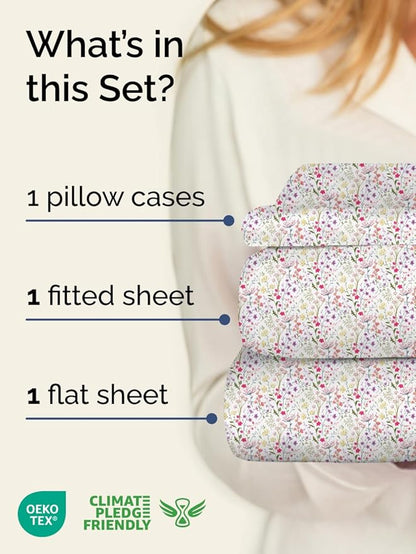 Floral Sheets - Flower Print Bed Sheet Set - 1 Flat, 1 Fitted & 1 Pillowcase w/ Deep Pockets - Comfy, Cozy, Wrinkle & Fade Free - Boho Botanical Bedding - Soft, Breathable & Cooling - Twin XL Size Set