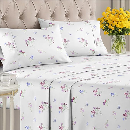 Floral Sheets - Butterfly Floral Bed Sheet Set - 1 Flat, 1 Fitted & 2 Pillowcases w/ Deep Pockets - Wrinkle & Fade Free - Boho Botanical Bedding - Ultra-Soft, Breathable and Cooling - King Size Set