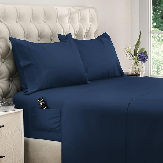 DREAMCARE Full Size Sheets - Cooling Bed Sheets - 4pcs Set - up to 15" Deep Pocket Full Sheet Set - Sheets Full Size Bed - Soft & Long Lasting 100% Fine Brushed Polyester with Side Pocket - Navy Blue