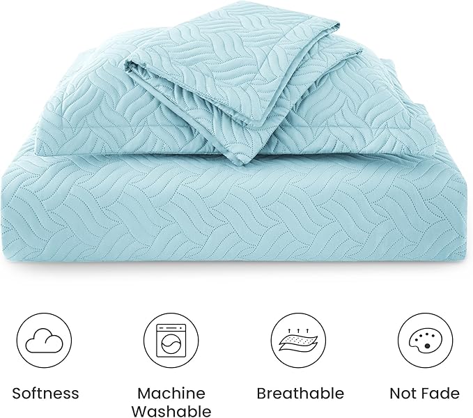 Love's cabin Quilts for Queen Bed Light Blue Bedspreads - Soft Bed Summer Lightweight Bedspread Comforter - Modern Style Wave Pattern Coverlet for All Season - 3 Pieces (1 Quilt, 2 Pillow Shams)