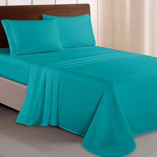 Elegant Comfort Luxurious 1500 Premium Hotel Quality Microfiber Three Line Embroidered Softest 4-Piece Bed Sheet Set, Wrinkle and Fade Resistant, King, Turquoise