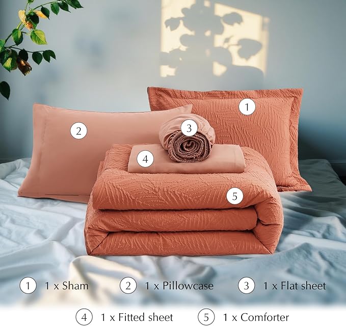 Geniospin Twin Comforter Set - 5 Pieces Burnt Orange Bedding Set, Botanical Textured Comforter Set, All Season Lightweight Bed in a Bag with Comforter, Sheets, Pillowcases & Shams