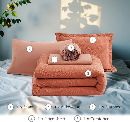 Geniospin Twin Comforter Set - 5 Pieces Burnt Orange Bedding Set, Botanical Textured Comforter Set, All Season Lightweight Bed in a Bag with Comforter, Sheets, Pillowcases & Shams