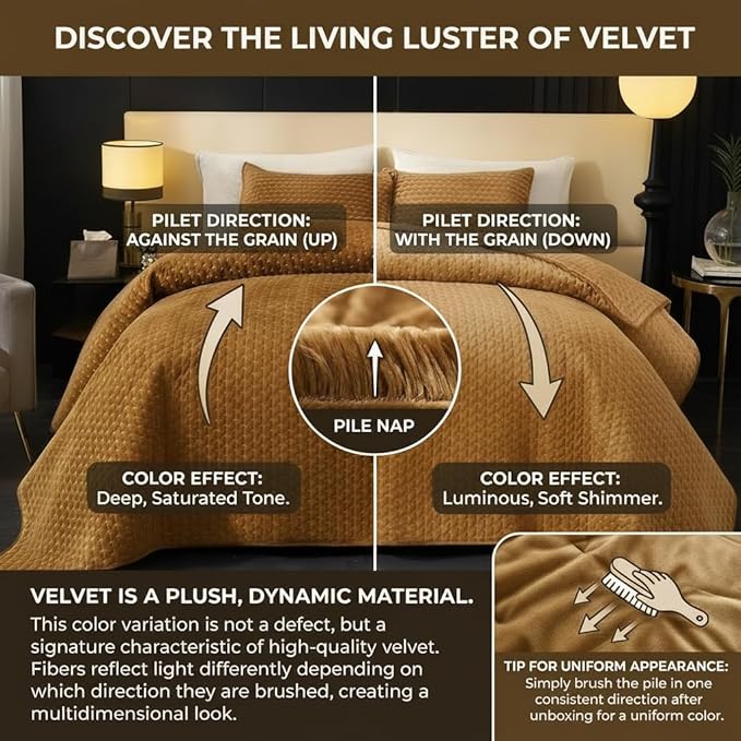 Powdion Velvet Quilt Queen, Oversized Bedspread Quilted Bedding Set, Luxurious Soft Coverlet Set Lightweight Velvet Comforter with 2 Pillow Shams,Brwon, 90x96 Cross Stitch Striped Quilt Queen
